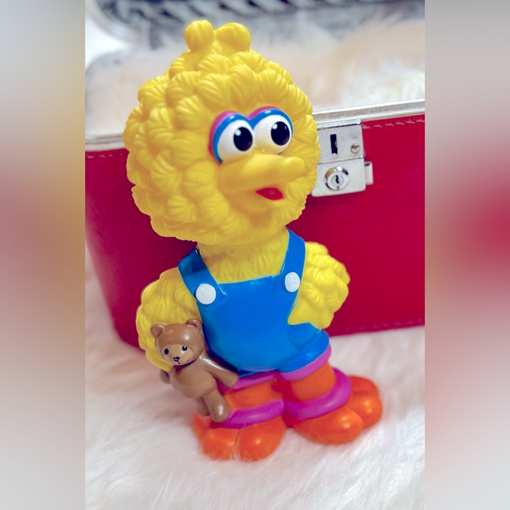Vtg Sesame Street BIG BIRD w/teddy bear Piggy Bank. None-breakable soft plastic